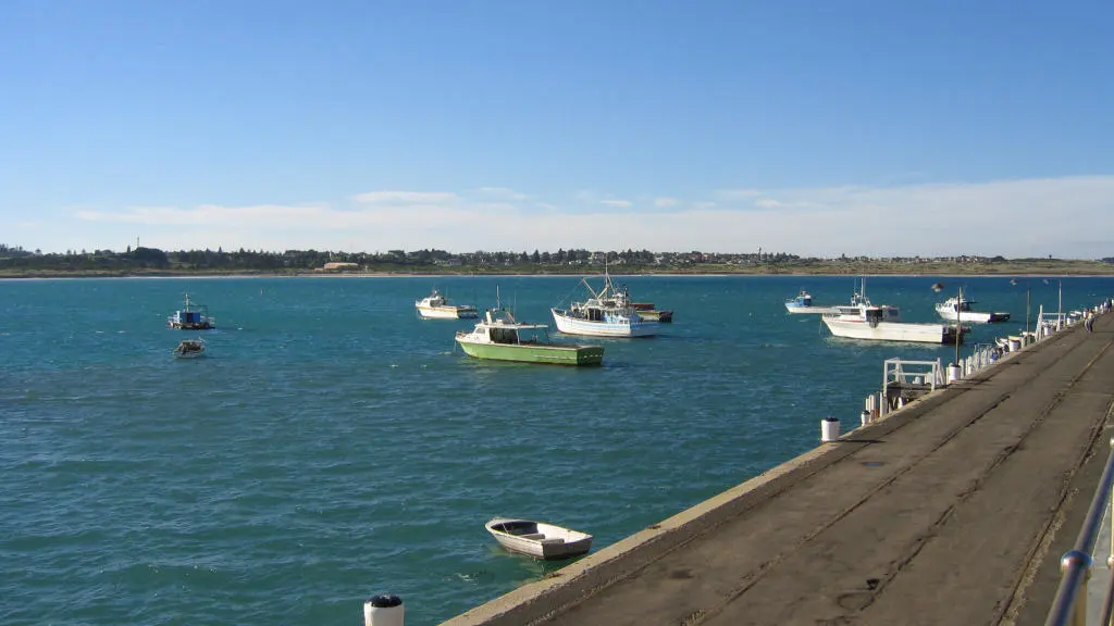 Warrnambool Harbour and Lady Bay viewed from the coast.